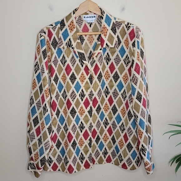 Vintage Joan Leslie Mixed Print Diamond Button Front Long Sleeve Blouse Size 18 - Picture 1 of 5